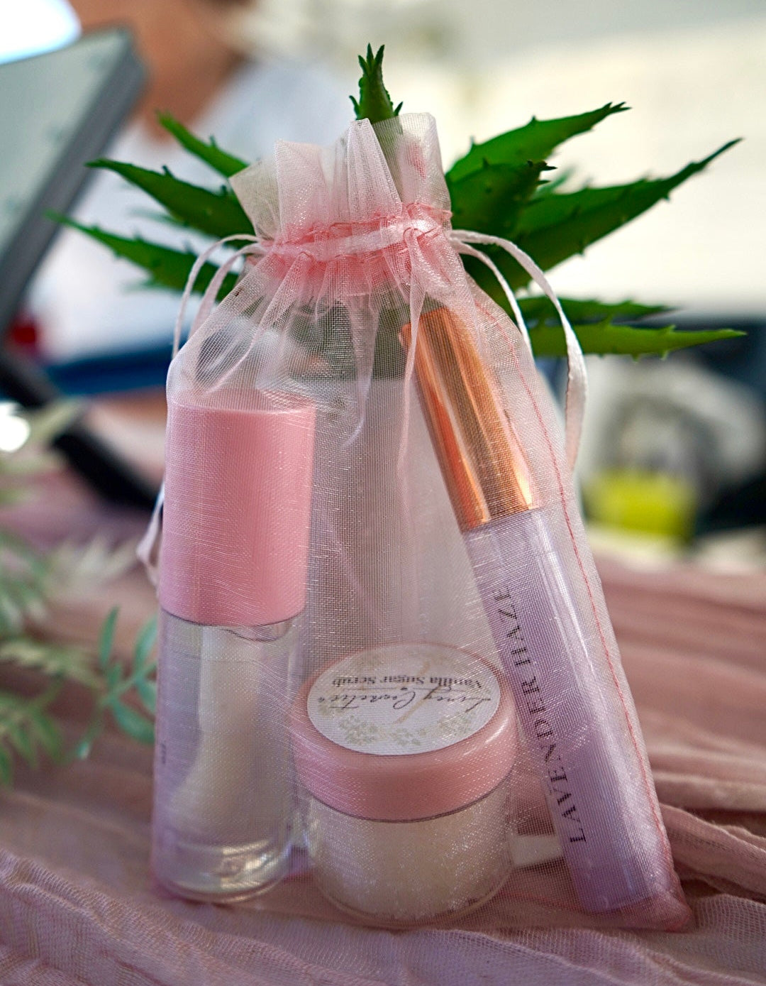 A gift set of three Liney Cosmetic products in a sheer pink drawstring bag, including a Healing Lip Oil, lip gloss, and a lip scrub.